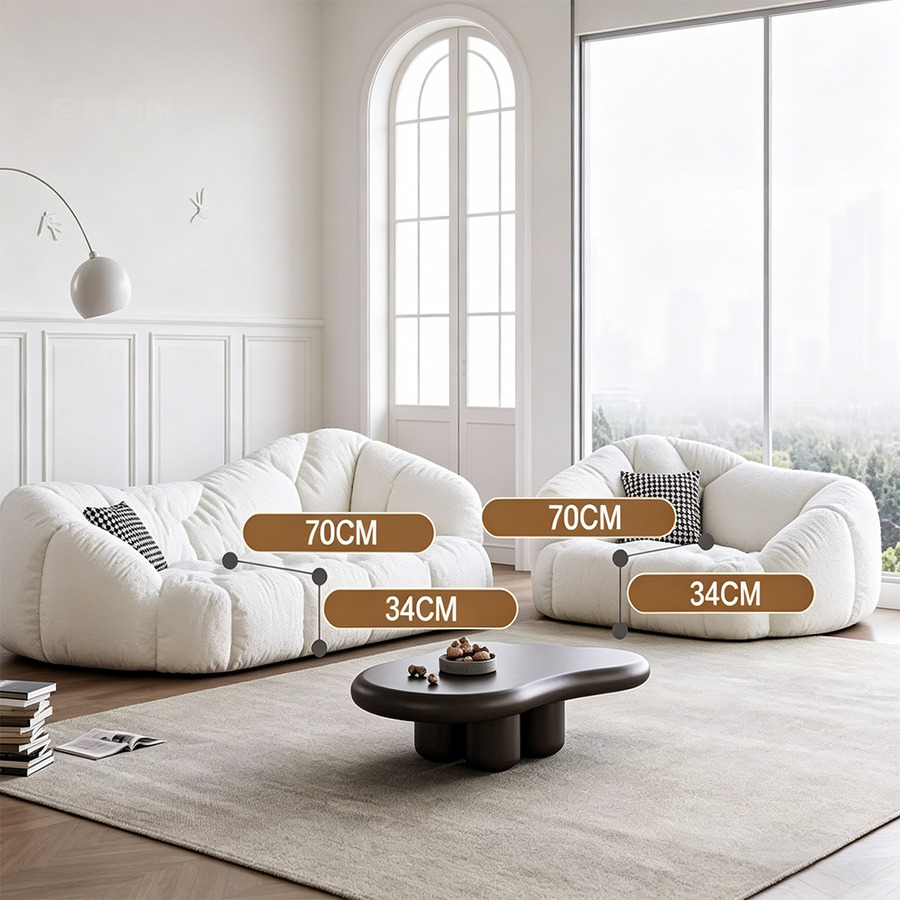 Owen Marshmallow Two Seater Sofa, OFF White, Real Leather lifestyle view with faux leather two seater sofa