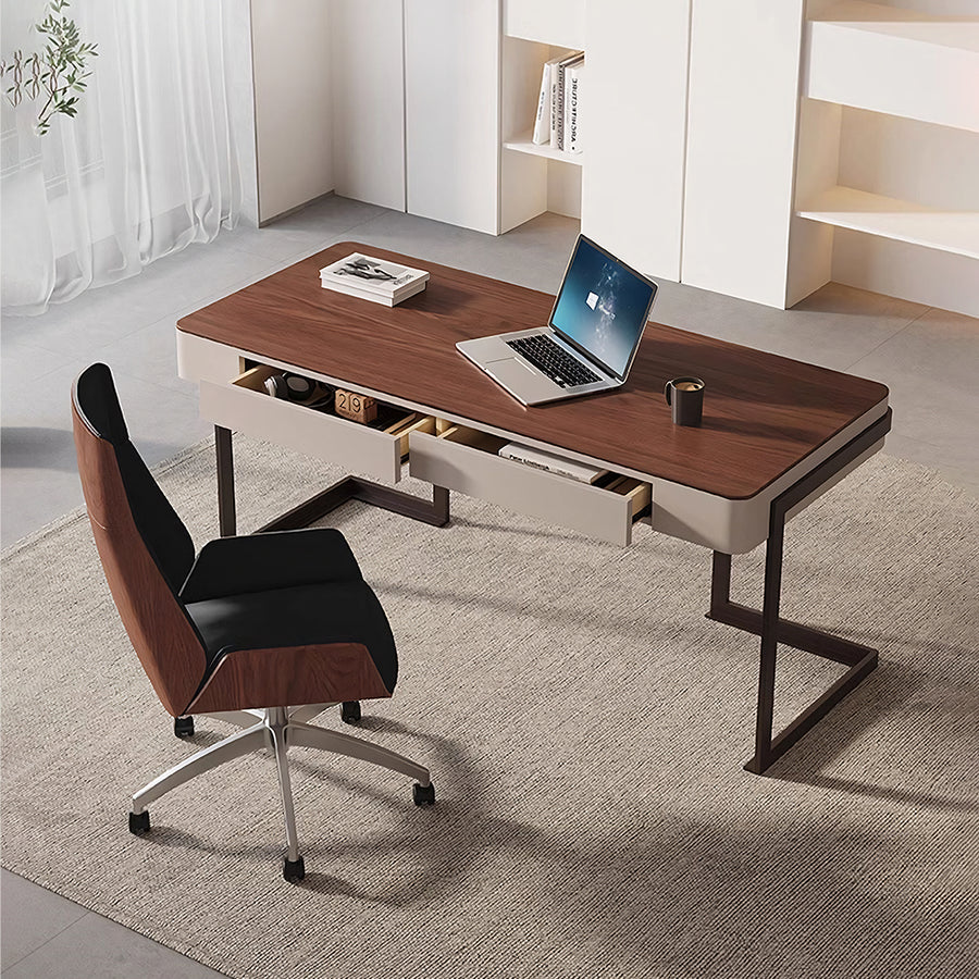 Amir Office Desk With Storage Drawers, Cream & Walnut - amir office drawers walnut office desk UK