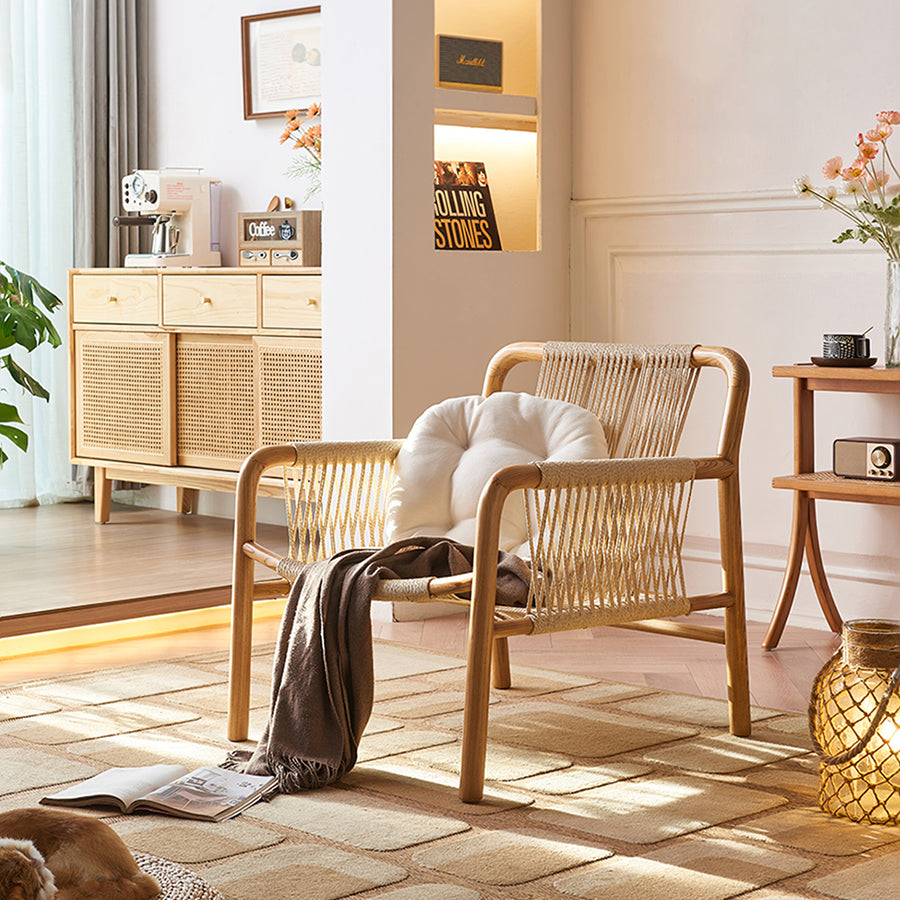 Zubkov Lounge Chair, Rattan & Solid Wood, Oak - accent chair UK