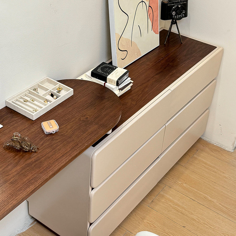 Lewis Dressing Table With Chest Of Drawers & Round Mirror, Solid Wood storage detail and media unit finish