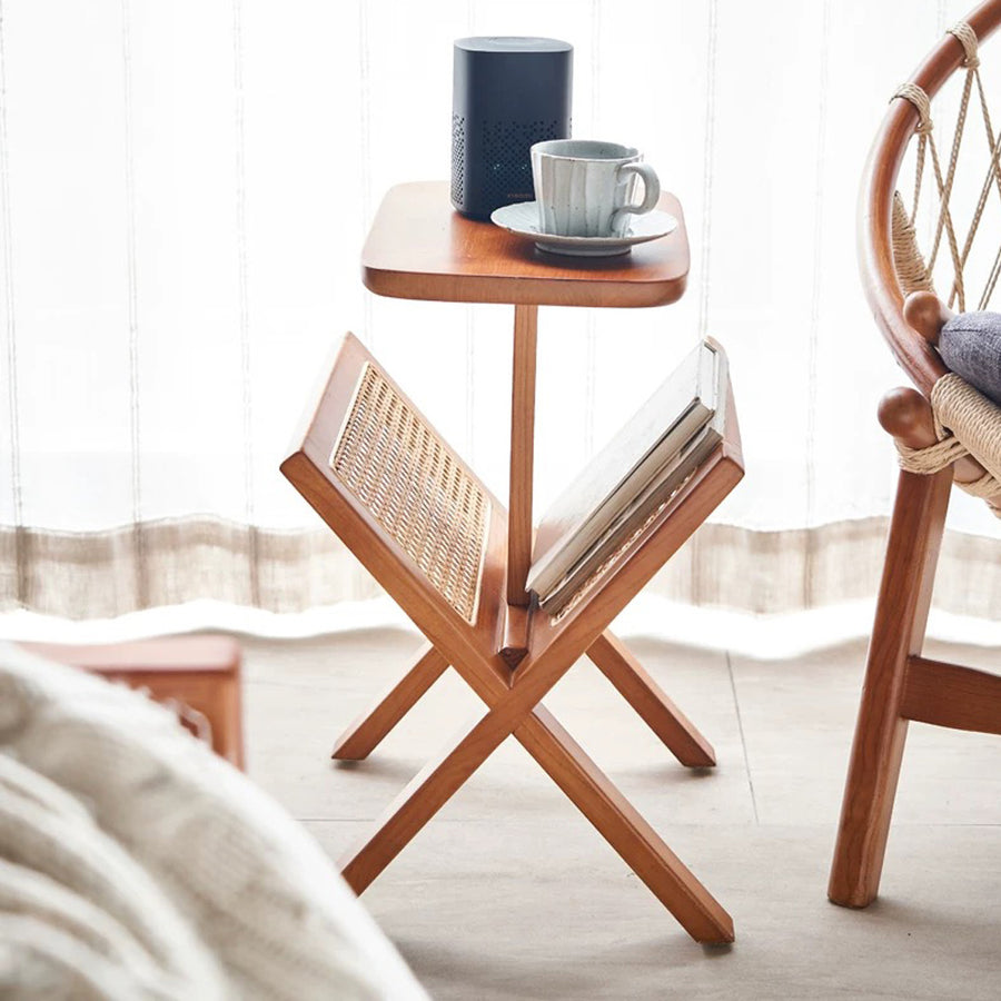 Lucas Side Table With Magazine Rack, Solid Wood & Rattan