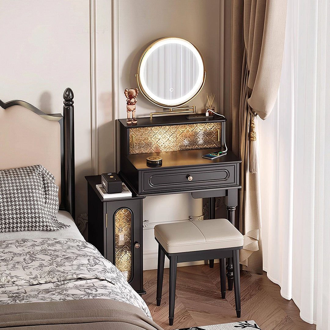 black mirror for dressing table LuxHomez 24 in. W x 35.8 in. H Black Vintage Arched Metal Frame Decorative Wall Mirror/Dressing Table Mirror HG4MGZM-6191BK1