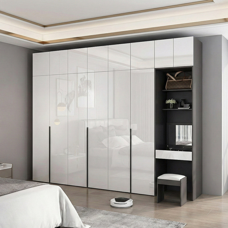 Bianchi Corner Wardrobe, L Shape Wardrobe With Dressing Table lifestyle view with corner white dressing table