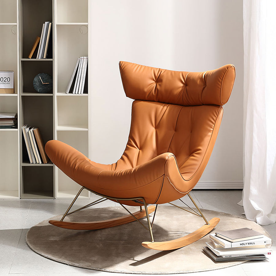 Anwar Rocking Chair With Footstool, Orange Leather detail view for armchair for living room