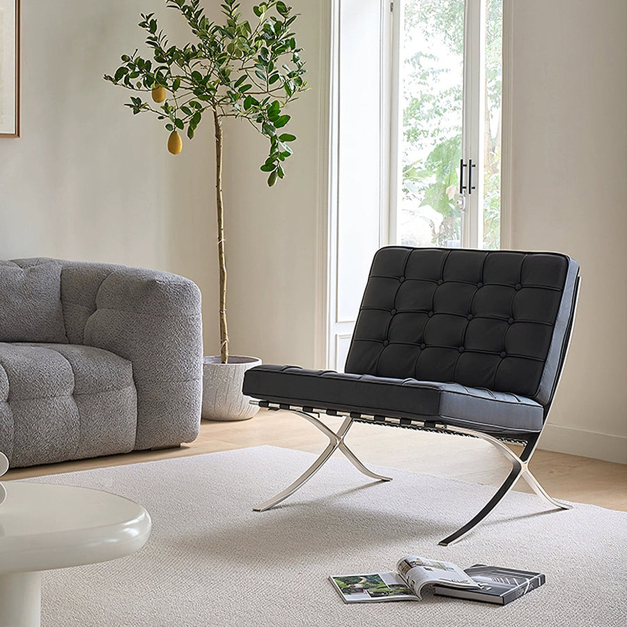 Barcelona Chair And Stool, Real Leather detail view for armchair for living room