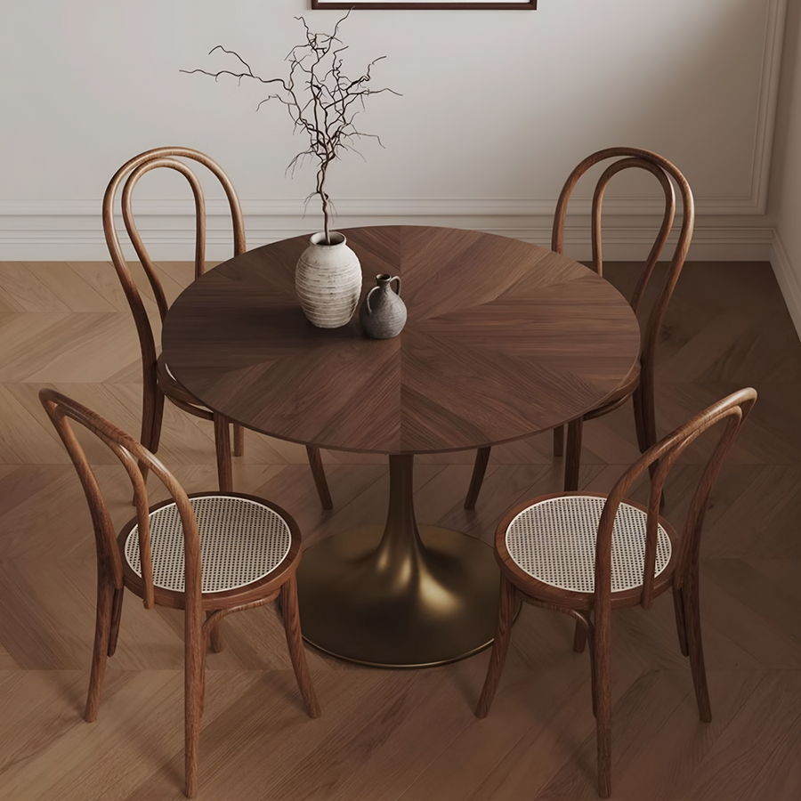 Justina Small Round Dining Table lifestyle view with mango wood round dining table