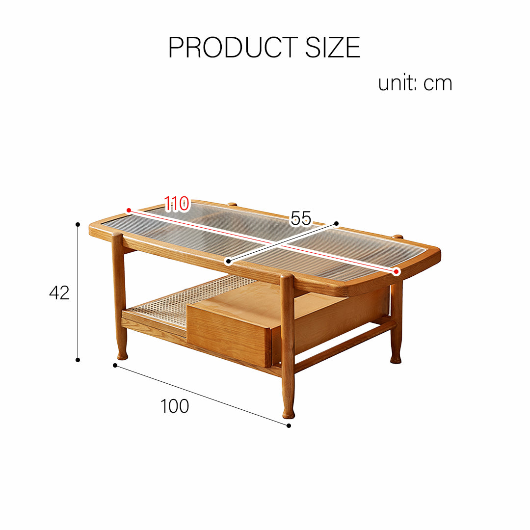 Alethea Rattan Coffee Table, Glass & Solid Wood