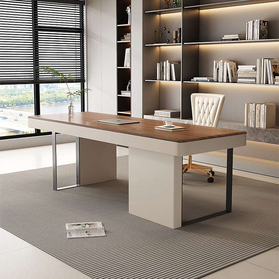 Elena Modern Office Desk, Wood, Cream & Walnut - elena modern office walnut office desk UK