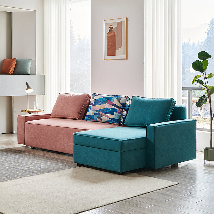 Adnan L Shape Three Seater Corner Sofa Bed, With Storage, Blue & Pink for modern UK living room