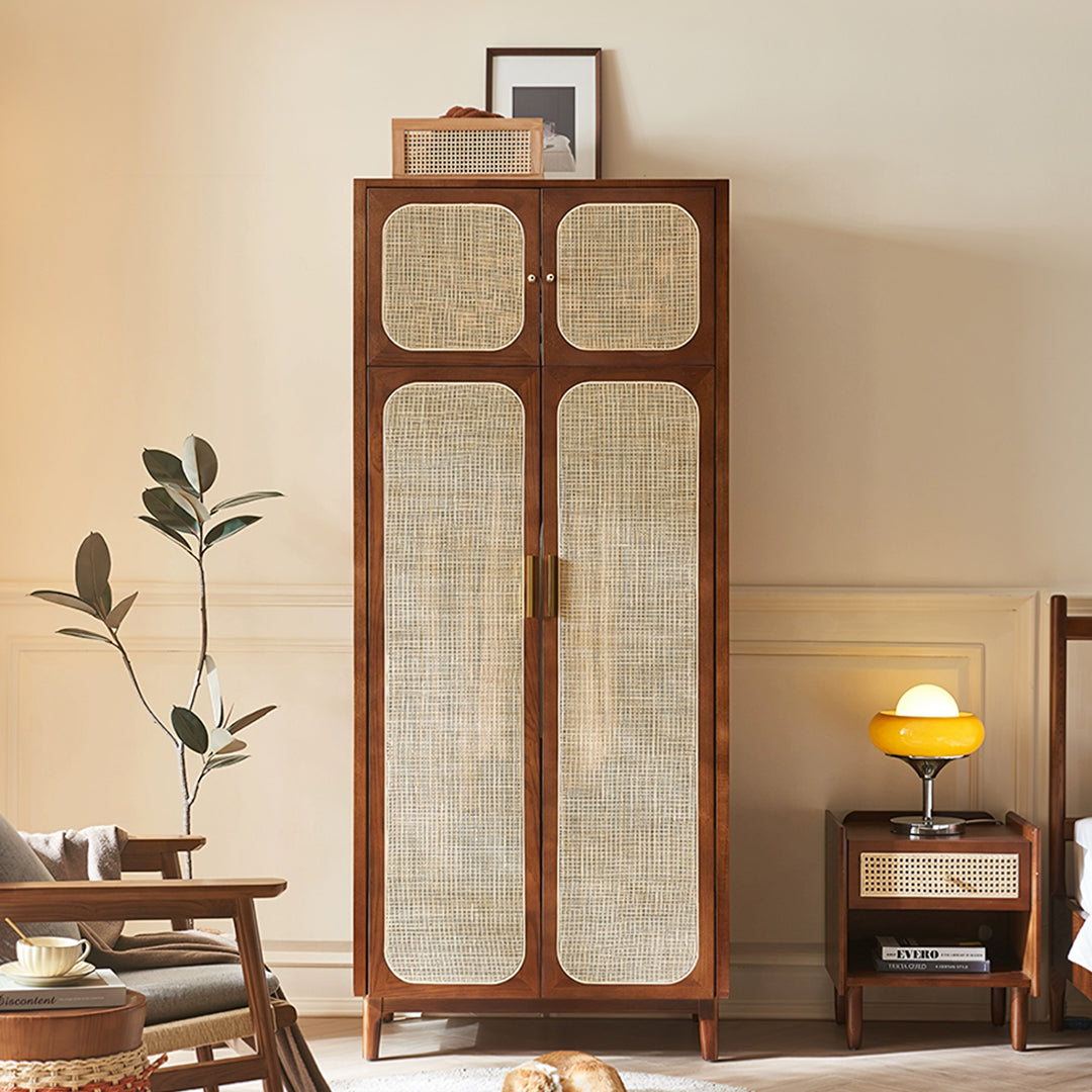 Evelyn Two Door Wardrobe, Solid Wood & Rattan