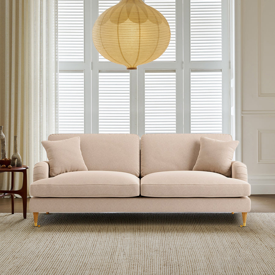 Shafique Two Seater Sofa, Loveseat, Velvet or Linen front view as a compact two seater sofa