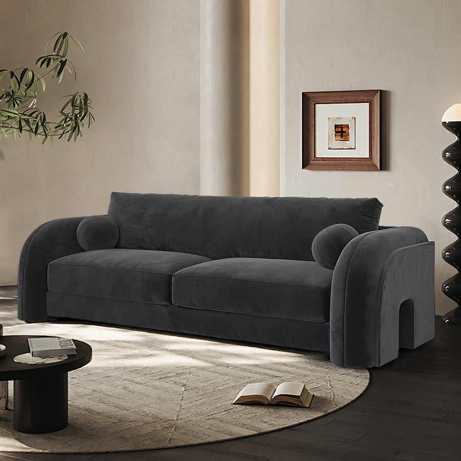 Afolabi Curved Two Seater Sofa, Velvet lifestyle view with grey two seater sofa