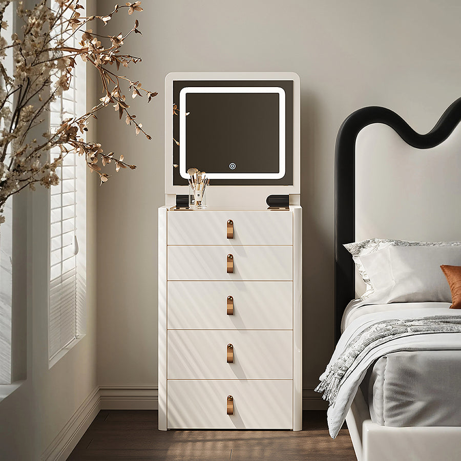 Flores Small Dressing Table With LED Mirror & Chair, Off White cabinet and shelf detail