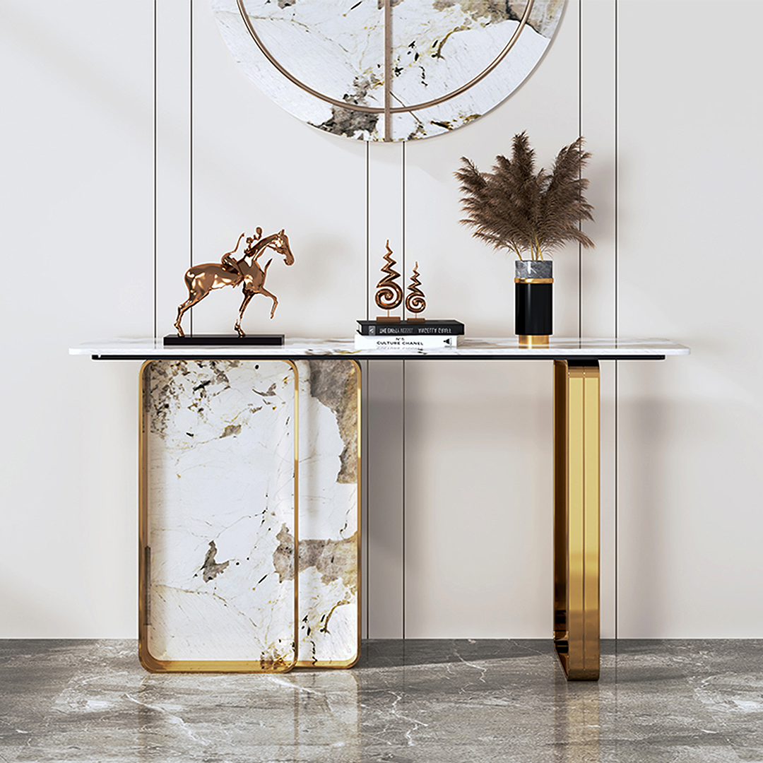 Luxurious Aeta Console Table With Stone Top And Gold Frame | Rit Concept