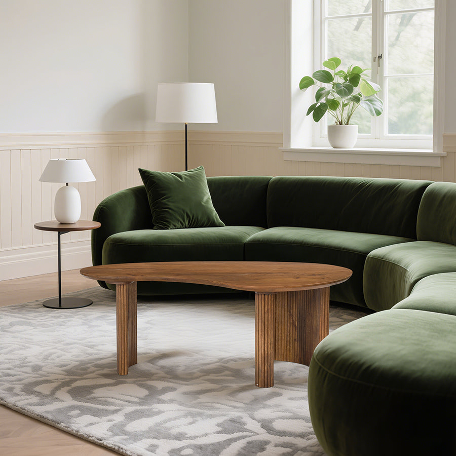 Aragon Curved Wood Coffee Table styled for modern coffee table