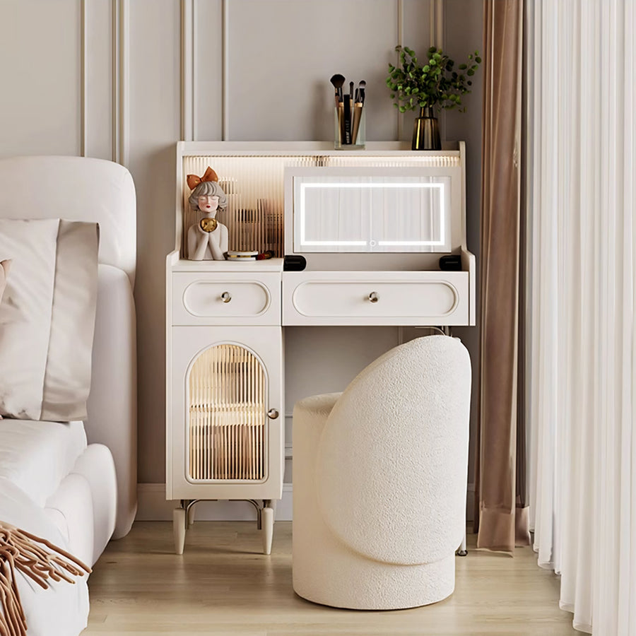 Layla Slimline Dressing Table, Small Dressing Table lifestyle view with wooden dressing table stool