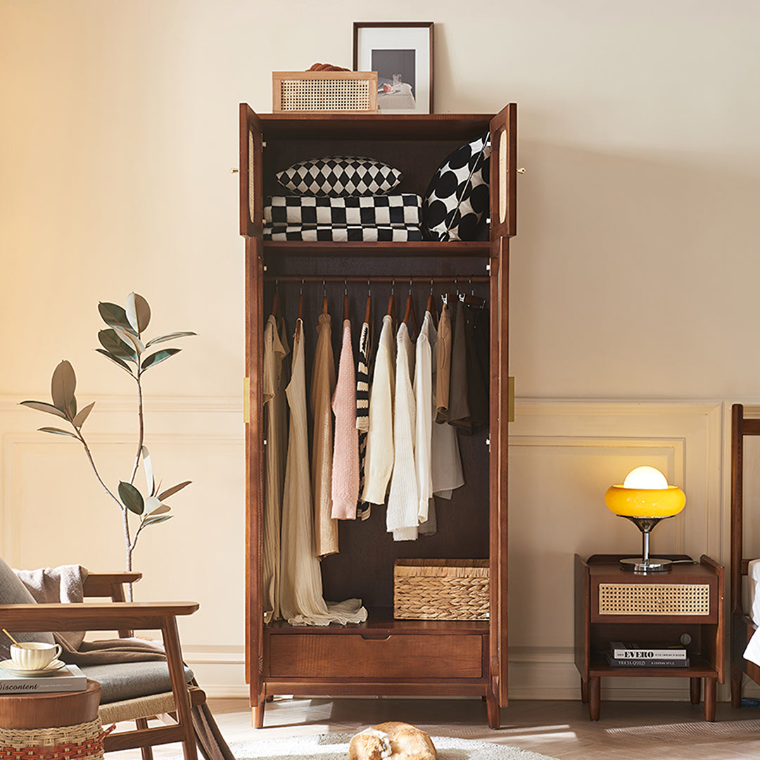 Evelyn Two Door Wardrobe, Solid Wood & Rattan