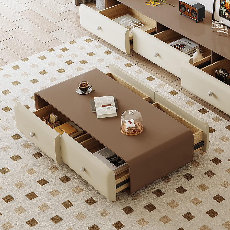 Chavarria Rectangle Coffee Table With Storage, Cream & Walnut detail view for for living room