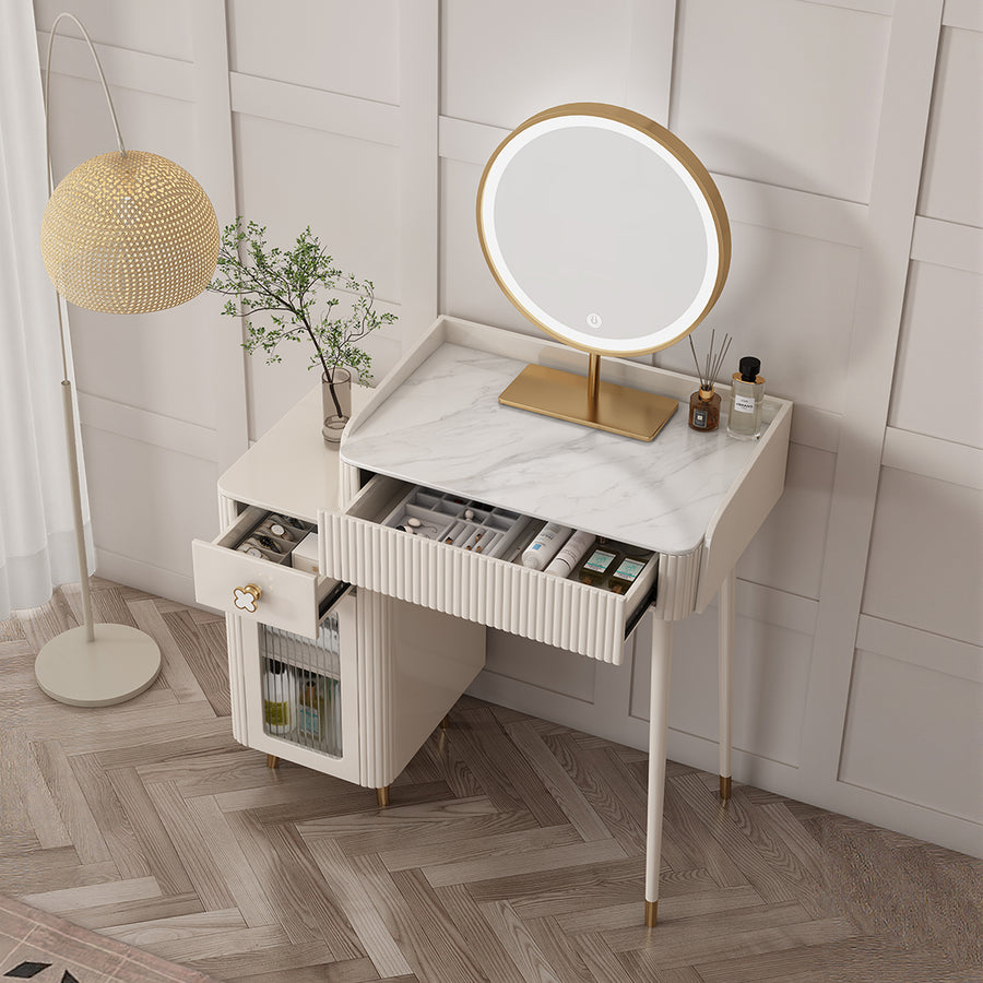 Asante Small Dressing Table With Side Cabinet & LED Mirror lifestyle view with slim dressing table with drawers