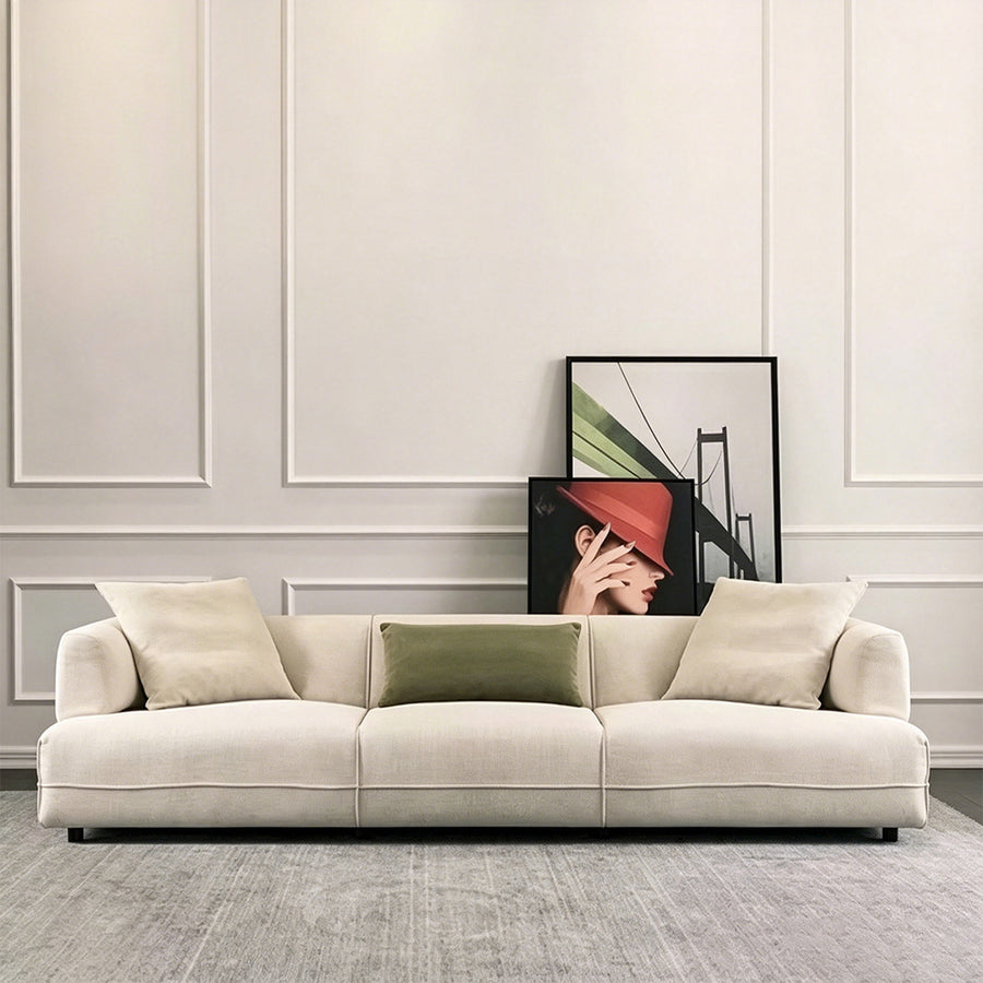 Hoshi Two Seater, Three Seater, Curved Sofa, Linen lifestyle view with beige two seater sofa