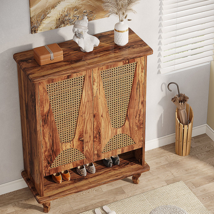 Crusoe Rattan Shoe Cabinet detail view for narrow shoe storage cabinet