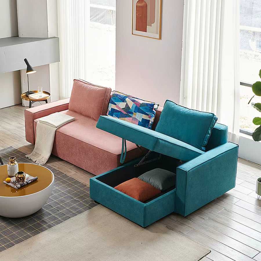Adnan L Shape Three Seater Corner Sofa Bed, With Storage, Blue & Pink close-up detail and upholstery finish