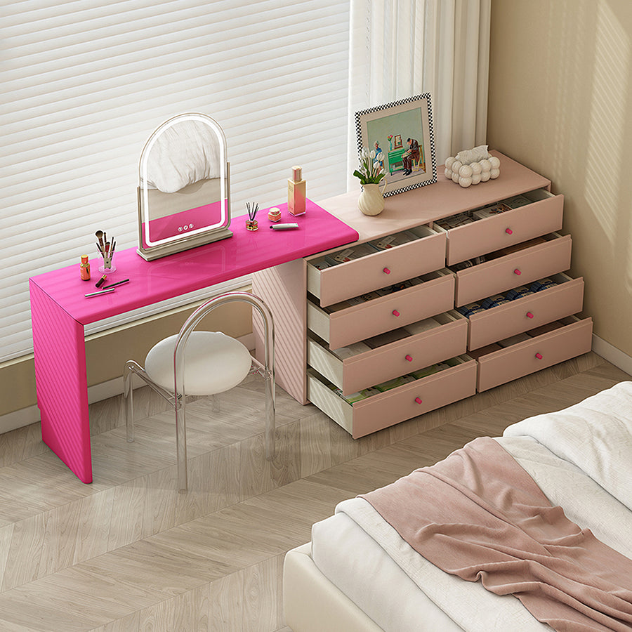Nair Corner Dressing Table With LED Mirror, Macaroon Colour storage detail and media unit finish