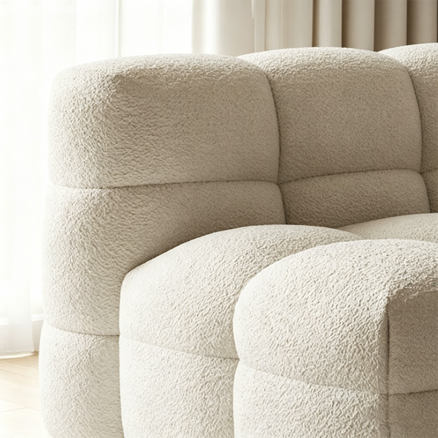 Cora Single Seater, Two Seater Sofa, Lazy Sofa, Boucle front view as a small two seater sofa