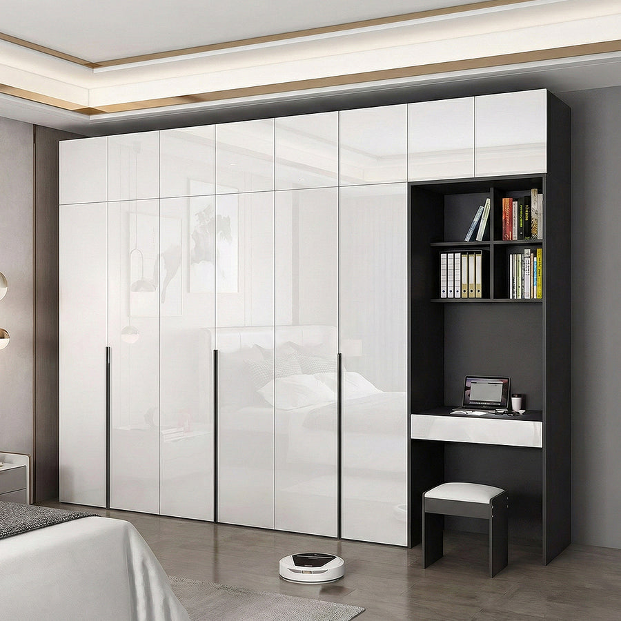 Bianchi Corner Wardrobe, L Shape Wardrobe With Dressing Table storage detail and media unit finish