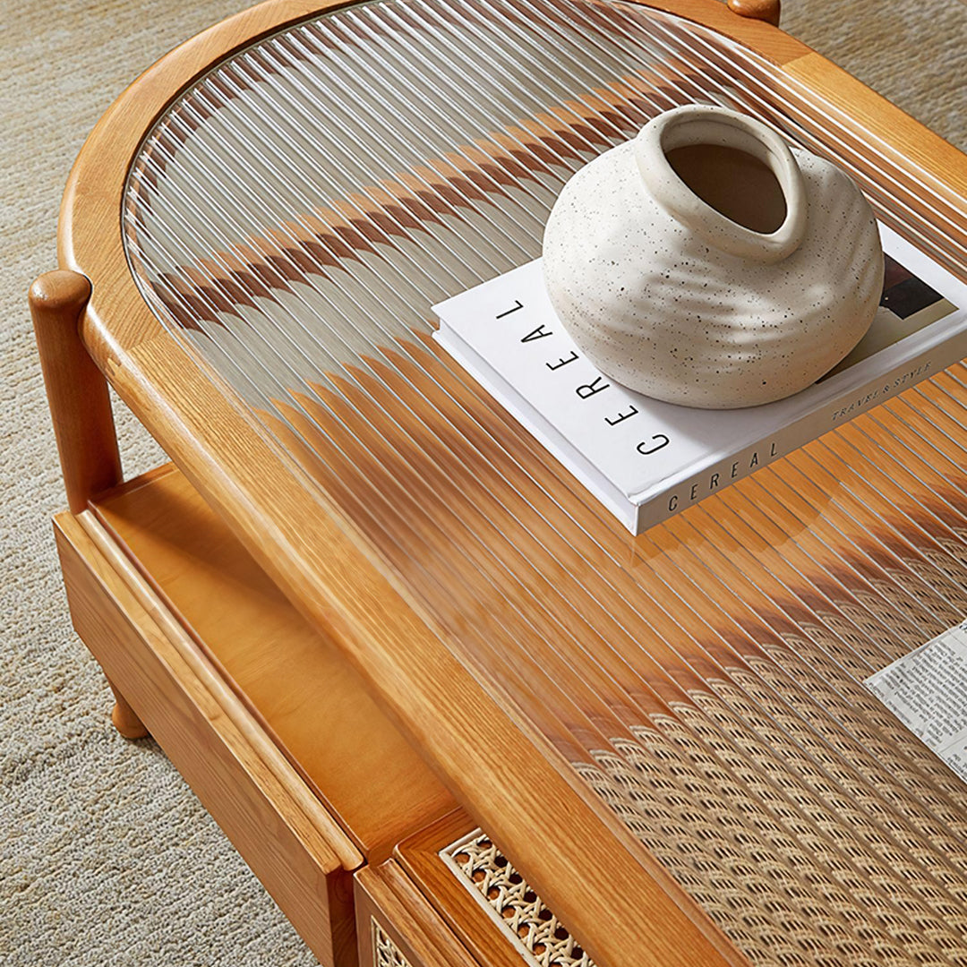 Alethea Rattan Coffee Table, Glass & Solid Wood