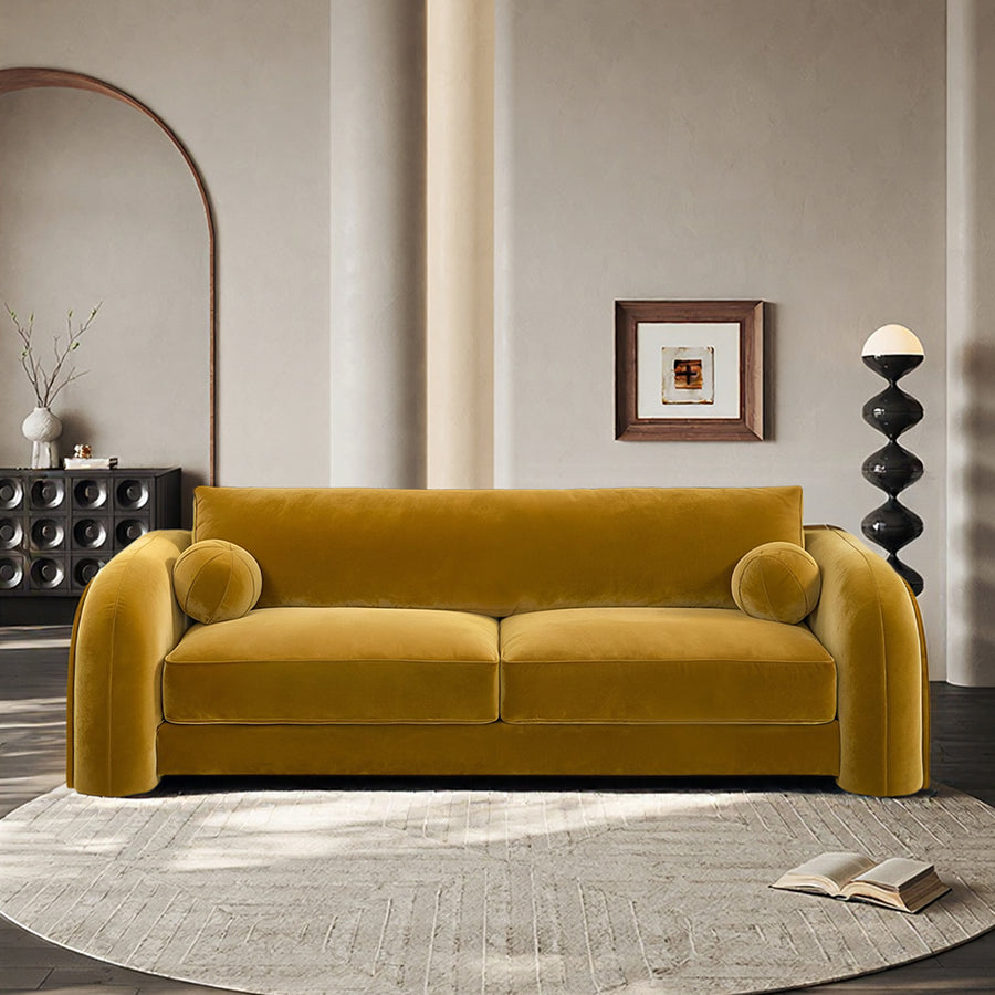 Afolabi Curved Two Seater Sofa, Velvet upholstery and cushion detail