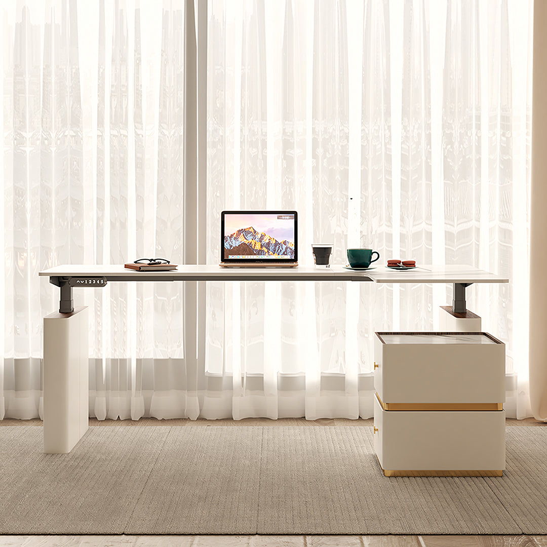 Sinha Smart Office Desk, Standing Desk With Drawers, Cream