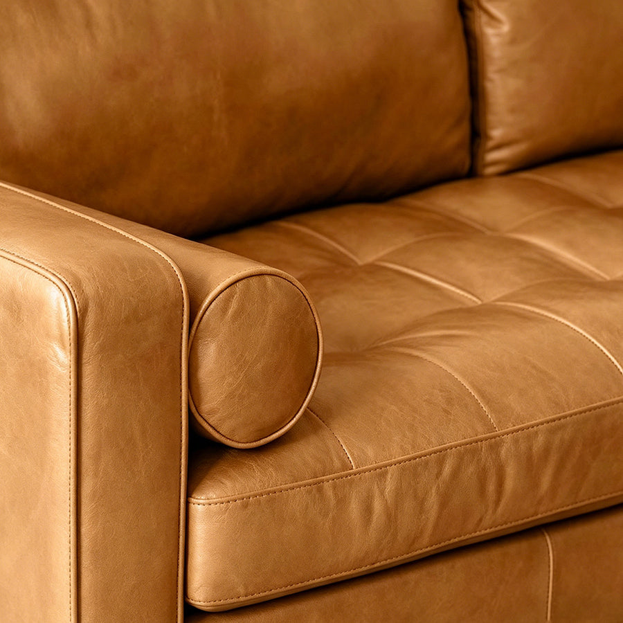 Fuller Brown Two Seater, Three Seater Sofa, Real Leather side view and sofa proportion