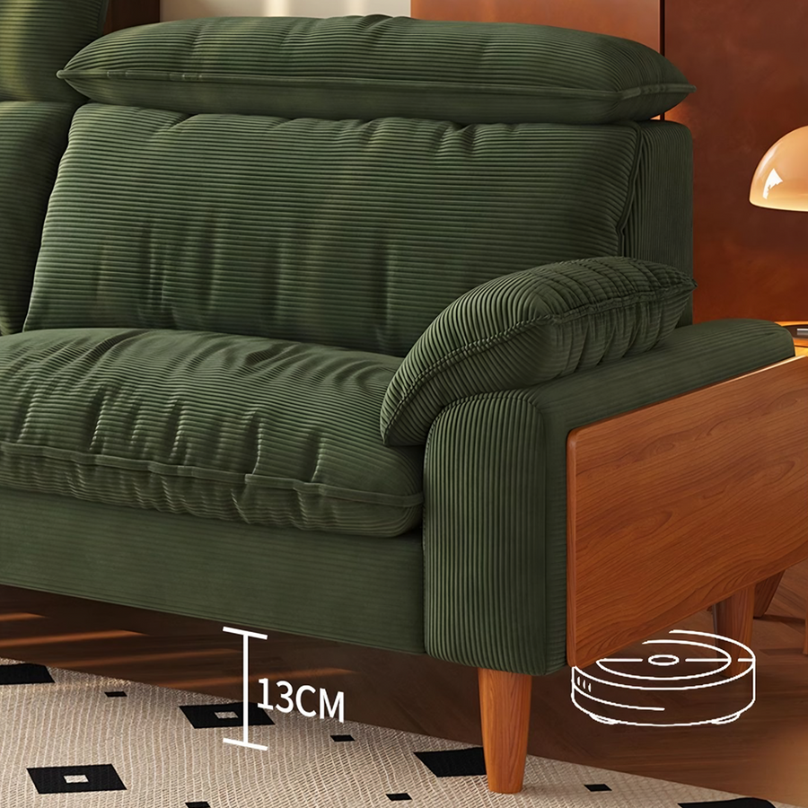 Rodríguez Two Seater, Three Seater, Four Seater Corduroy Sofa, Green, Ash Wood side view and sofa proportion