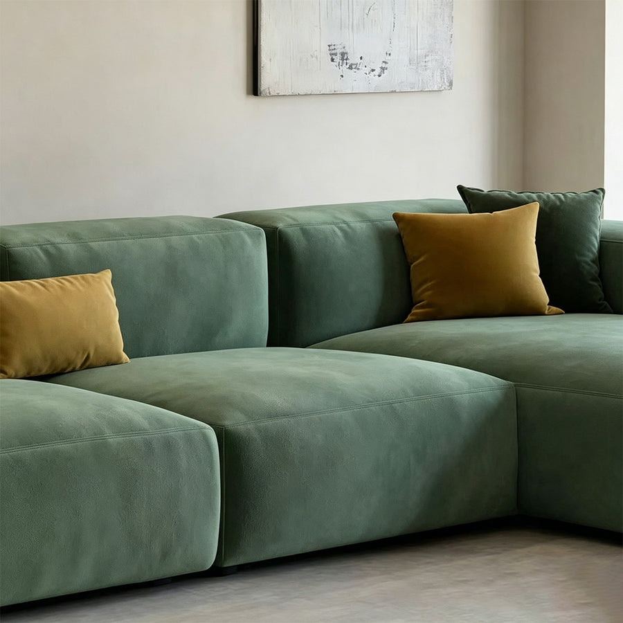 Modern velvet three seater sofa product view for UK living room