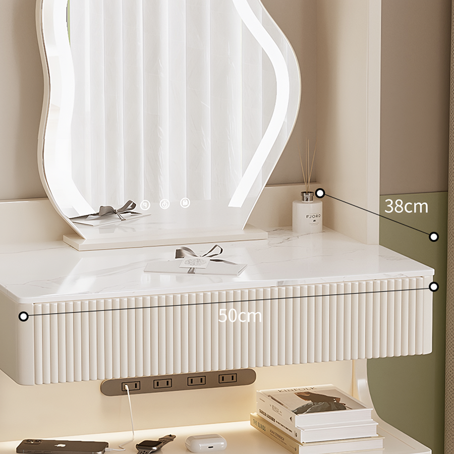 Lia Slimline Dressing Table, With USB Port, LED Mirror & Stool storage detail and media unit finish