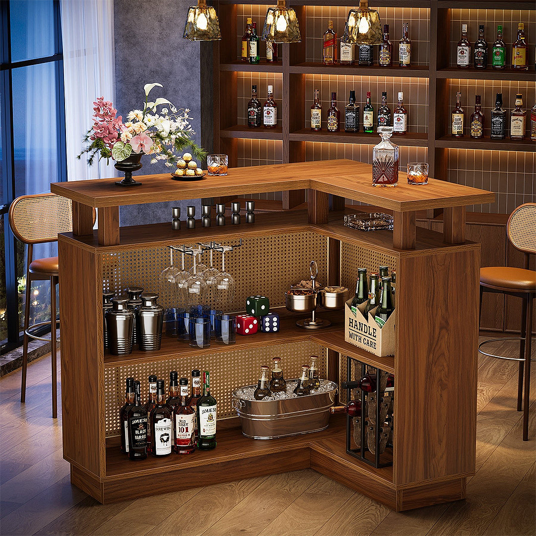 Hudson L-Shaped Corner Bar, Rattan Bar Table Liquor Cabinet – Rit Concept