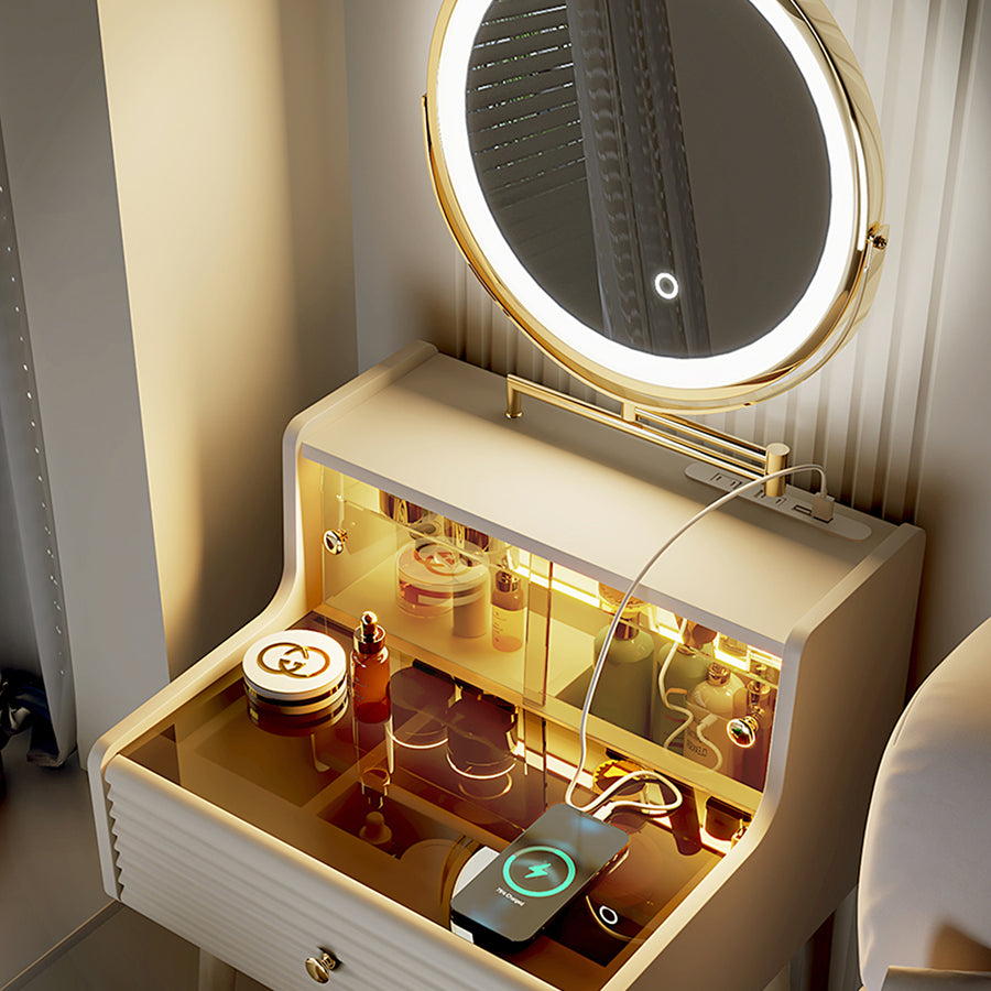 Thiago Narrow Mini Dressing Table For Small Corner storage detail and media unit finish