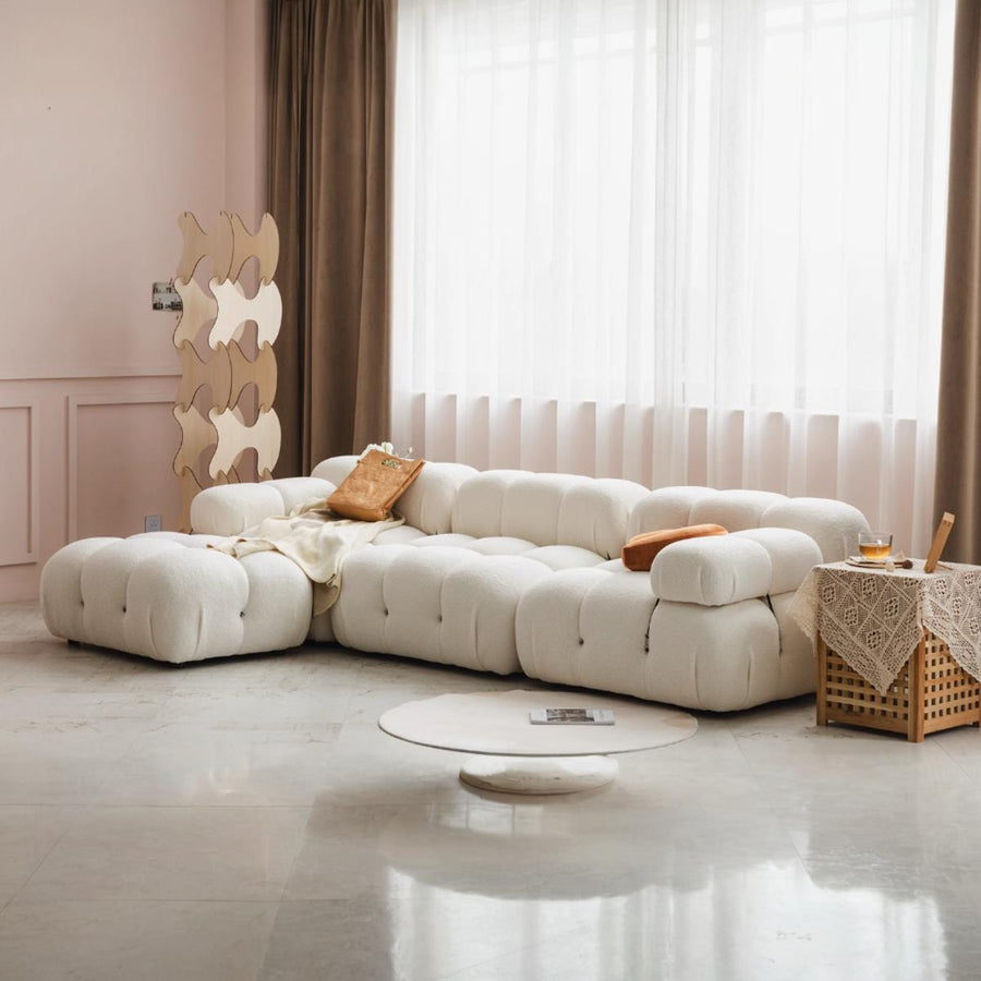 B&B Camaleonda Style Two Seater, Three Seater, Two Seater Corner Sofa, Boucle lifestyle view with curved two seater sofa