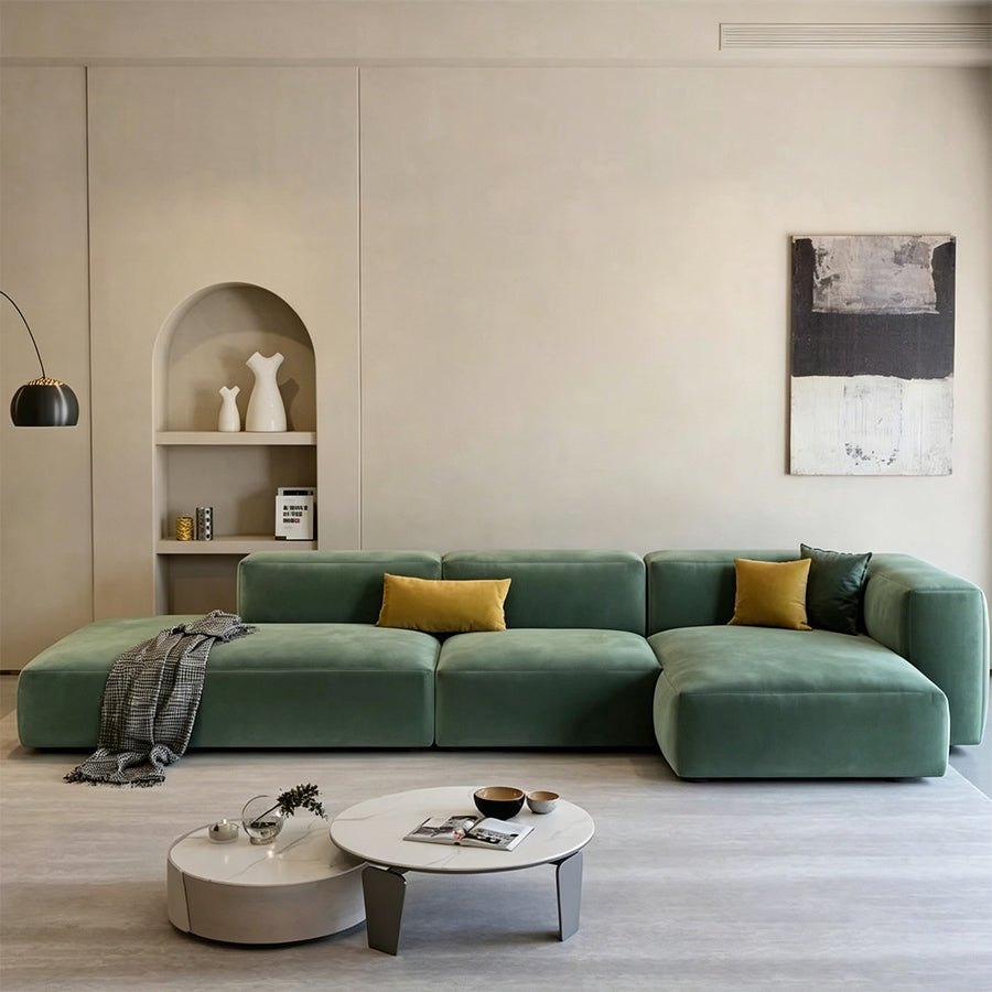 Contemporary velvet three seater sofa lifestyle image for sofa collection