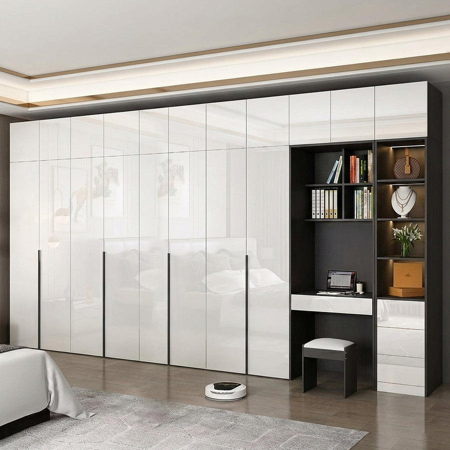 Bianchi Corner Wardrobe, L Shape Wardrobe With Dressing Table room setting for TV storage