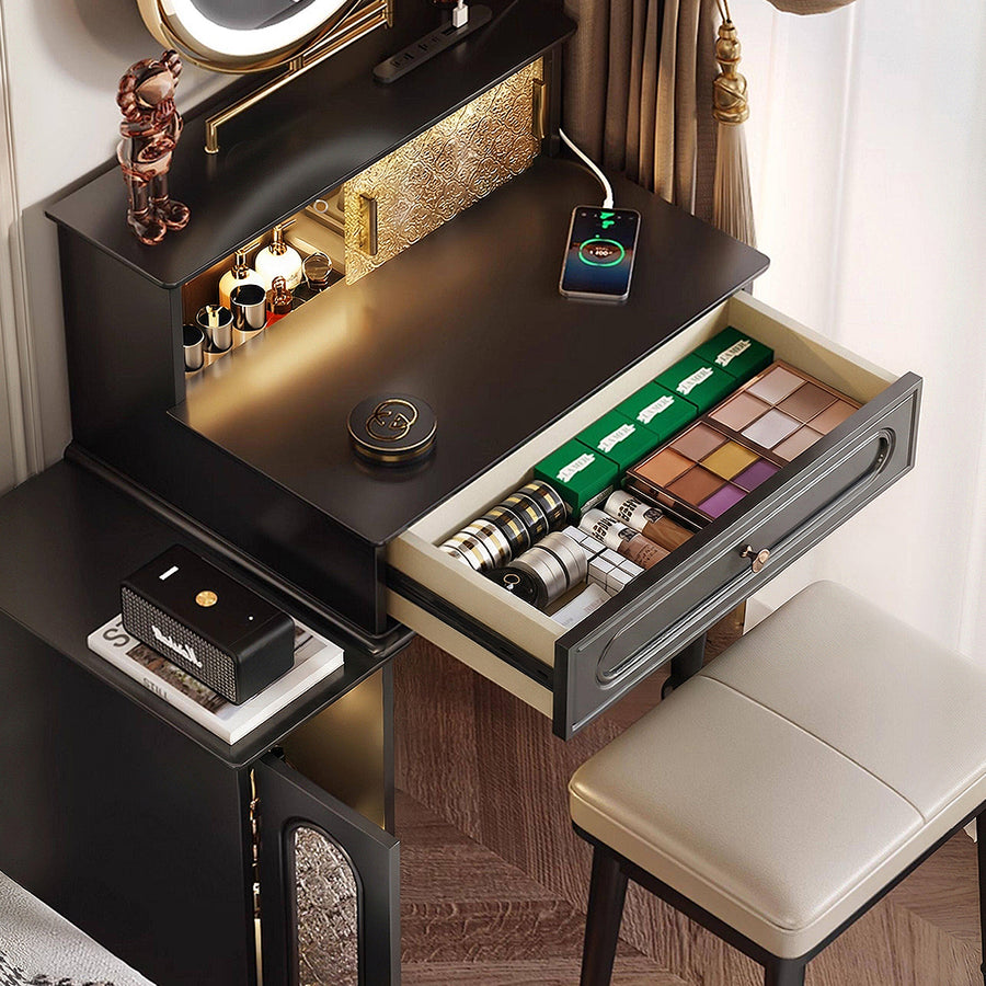 Nguyen Dressing Table With Side Cabinet & LED Mirror room setting for TV storage