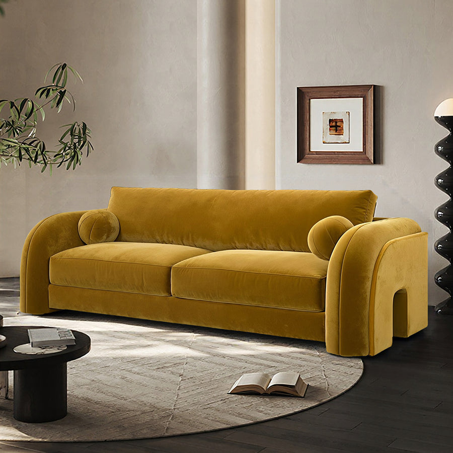 Afolabi Curved Two Seater Sofa, Velvet front view as a small two seater sofa