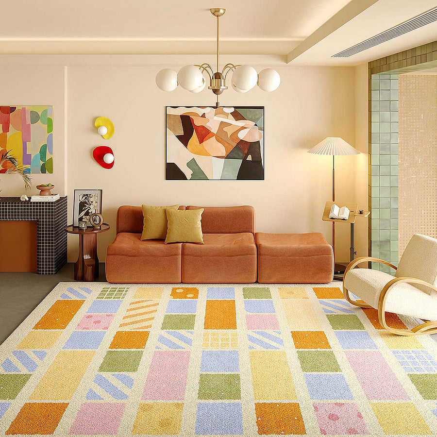 Lacey Grid Patchwork Rug styled for living room rug UK
