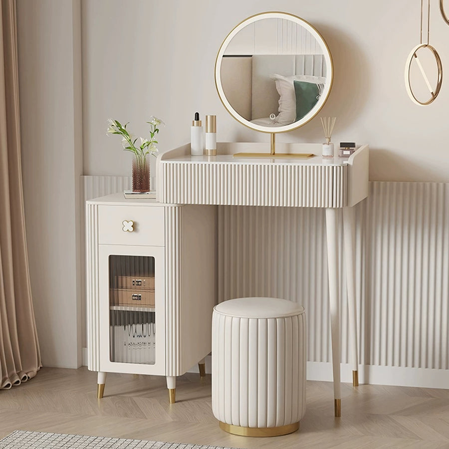 Asante Small Dressing Table With Side Cabinet & LED Mirror storage detail and media unit finish