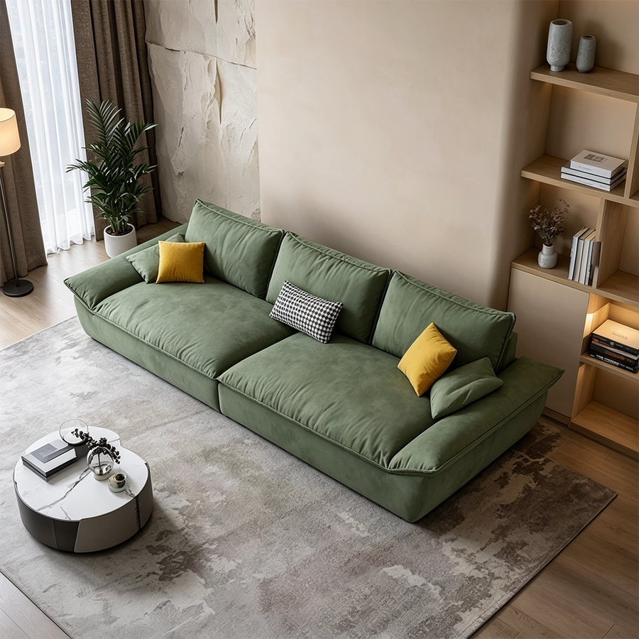 Sawyer Single Seater, Two Seater, Three Seater, Four Seater, Five Seater Sofa, Green lifestyle view with velvet two seater sofa