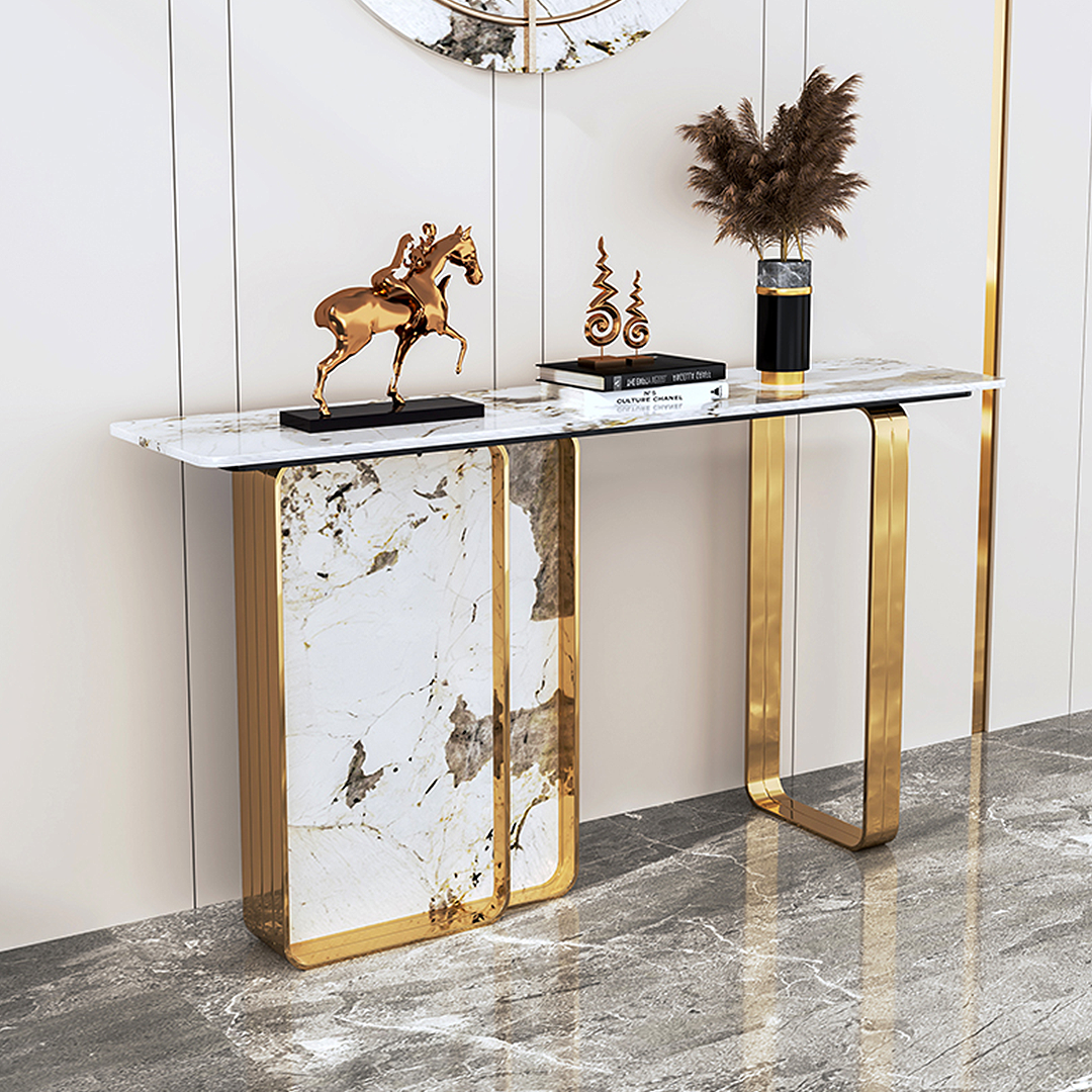 Luxurious Aeta Console Table With Stone Top And Gold Frame | Rit Concept