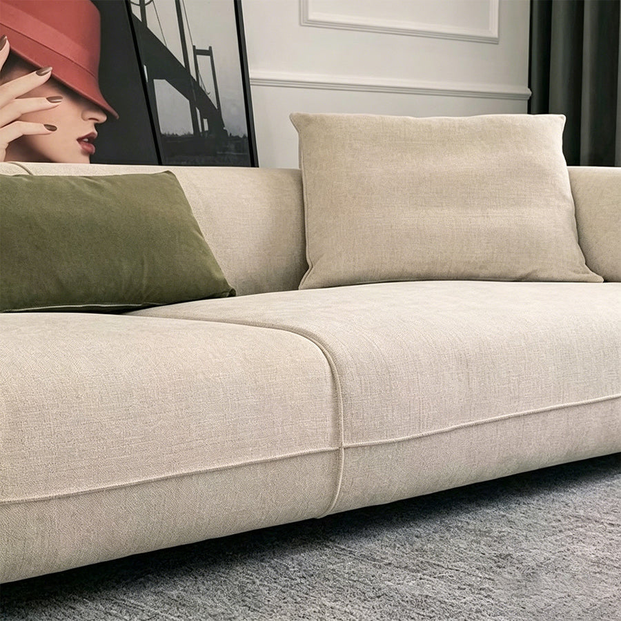 Hoshi Two Seater, Three Seater, Curved Sofa, Linen side view and sofa proportion