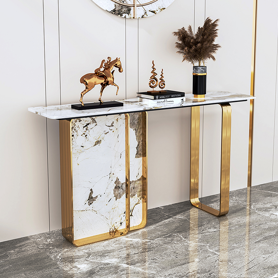 Aeta Console Table, Stone Top With Gold Frame