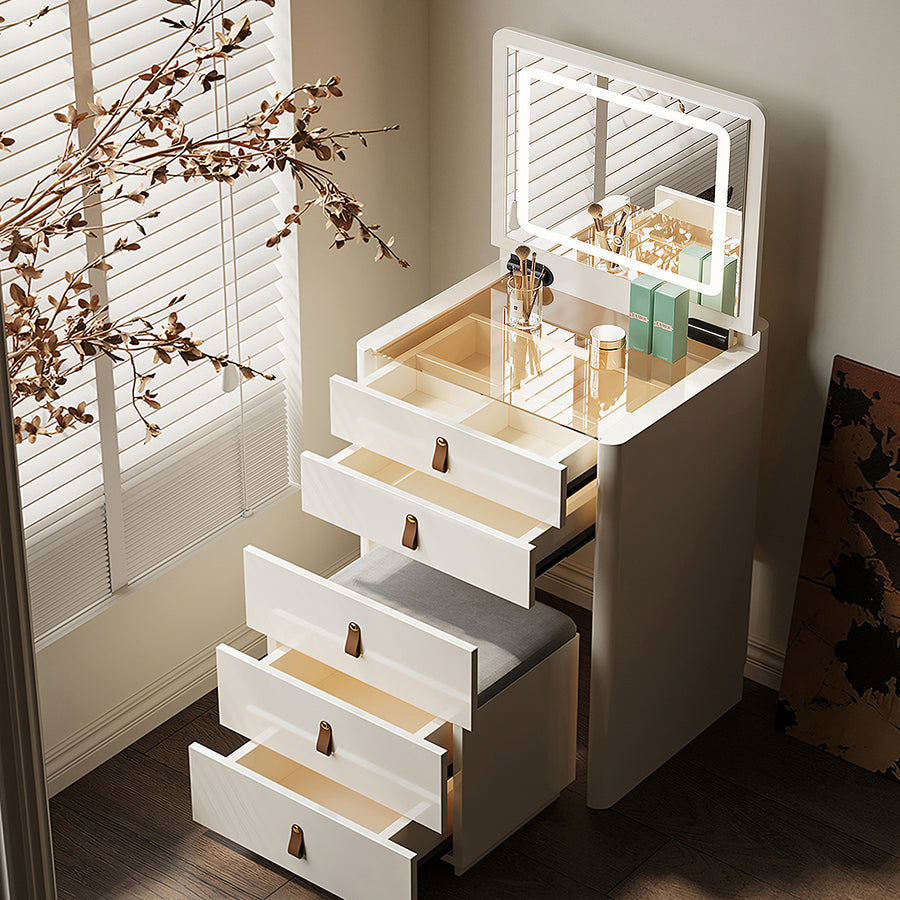 Flores Small Dressing Table With LED Mirror & Chair, Off White lifestyle view with small white dressing table with mirror